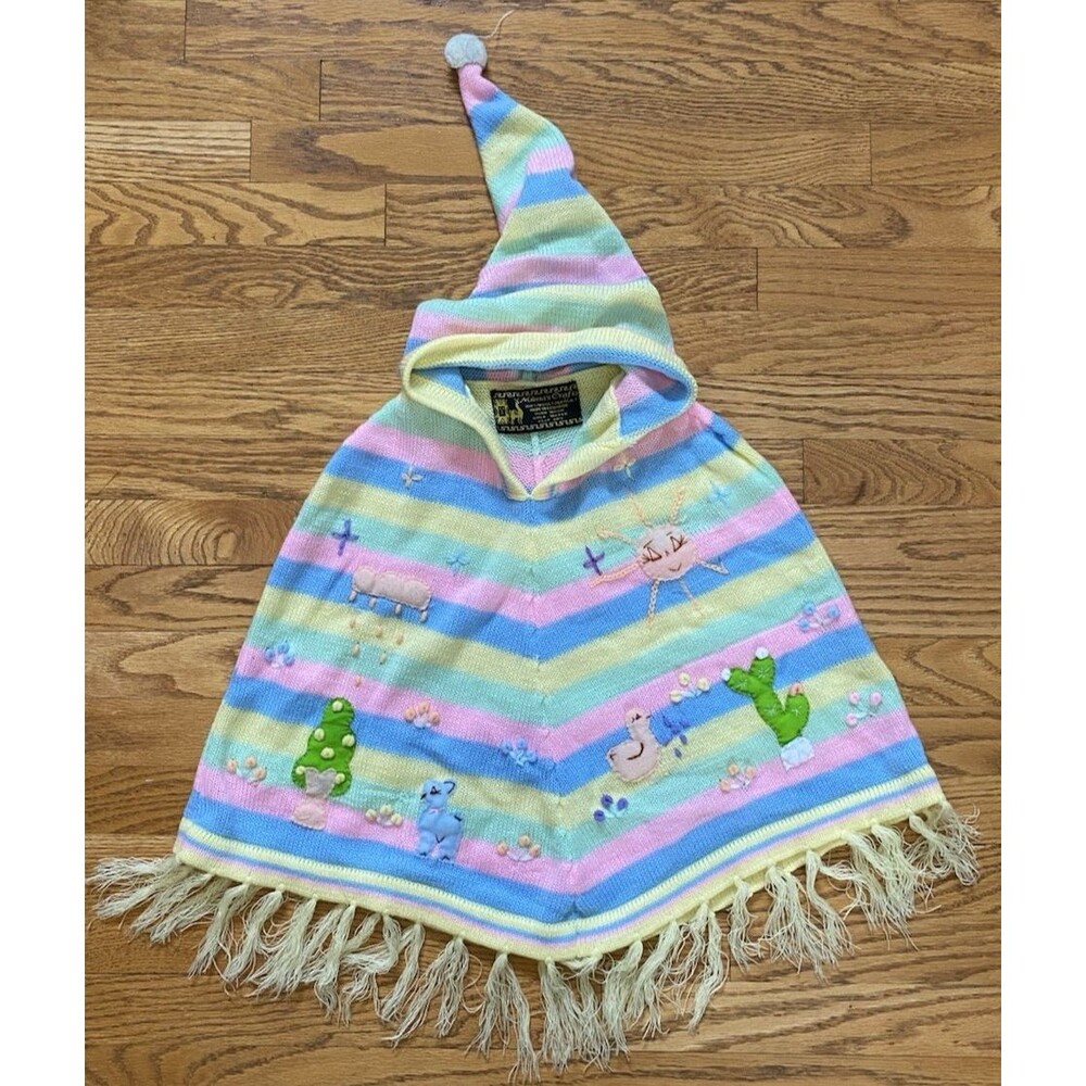 Milma's Crafts 100% Alpaca Wool Toddler Girl Pastel Embroider Hooded Poncho Cape